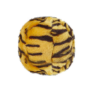 Plush Tiger Ball dog toy from Fluff & Tuff. Toy is covered in tiger print plush - orangey beige with black stripes.