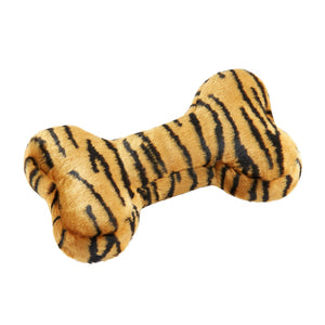 Plush Tiger Bone dog toy from Fluff & Tuff. Toy is a classic dog bone shape with tiger print - orangey beige body with black stripes.