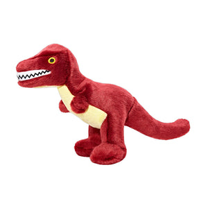 Plush Tiny T-Rex dog toy from Fluff & Tuff. This dinosaur toy is maroon colored with pale yellow belly, yellow eyes and a toothy grin.