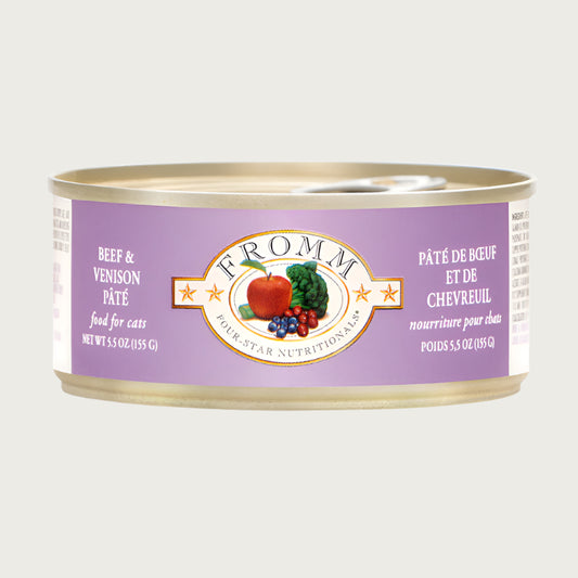 A 5.5 oz can of Fromm cat food beef & venison pâté.