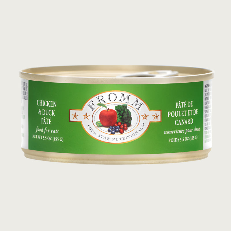 A 5.5 oz can of Fromm cat food chicken & duck pâté.