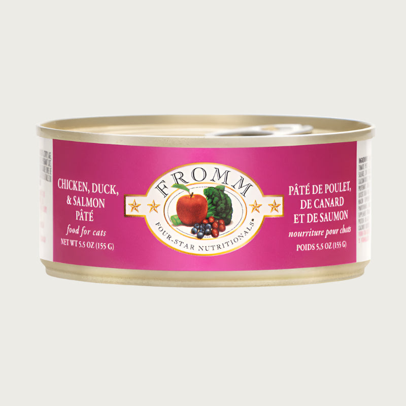 A 5.5 oz can of Fromm cat food chicken, duck, & salmon pâté.