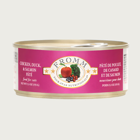A 5.5 oz can of Fromm cat food chicken, duck, & salmon pâté.