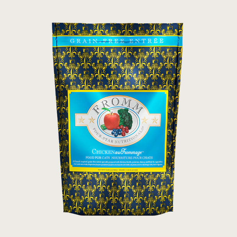 A 4 pound black, vibrant blue, and yellow bag of Fromm Chicken au Frommage Recipe cat food. The banner on top of the bag reads "Grain-Free Entree".