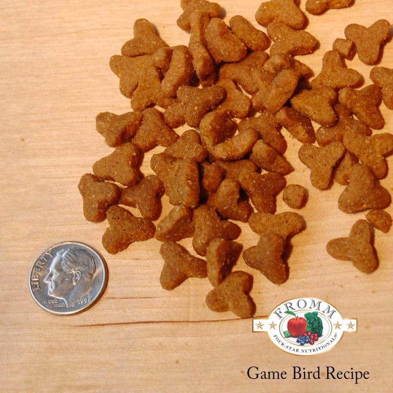 A close-up image of a handful of dry Game Bird kibble pieces, next to a dime for size comparison. About 2 of the pieces would fit into the area of the dime. They are about the size and shape of a small, rounded shark's tooth.