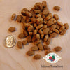 A close-up image of a handful of dry Salmon Tunachovy kibble pieces, next to a dime for size comparison. About 3 of the pieces would fit into the area of the dime. They are shaped like fish.