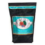 A 4 pound black and teal bag of Fromm Salmon Tunalini Recipe dog food. The banner on top of the bag reads "Grain-Free Entree".