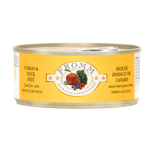 A 5.5 oz can of Fromm cat food turkey & duck pâté.