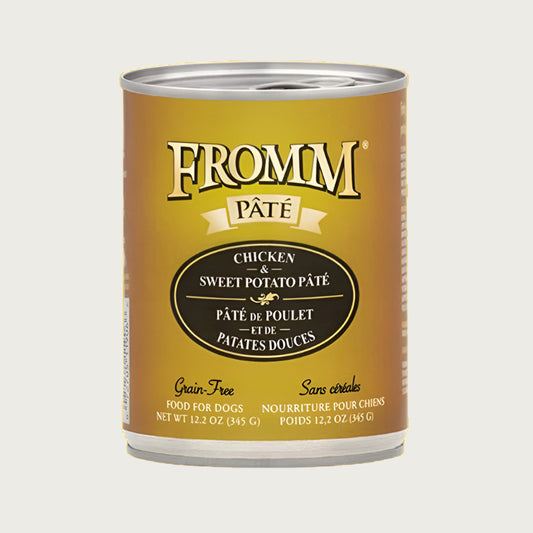 A 12.2 oz can of Fromm chicken and sweet potato pâté dog food. Grain free.