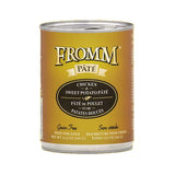 A 12.2 oz can of Fromm chicken and sweet potato pâté dog food. Grain free.
