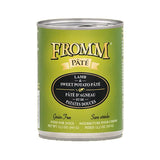 A 12.2 oz can of Fromm lamb and sweet potato pâté dog food. Grain free.