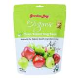 14 oz white & green apple colored bag of Grandma Lucy's Organic Oven Baked Dog Treats. Apple Recipe. Made with the highest-quality ingredients for dogs. Photo of a variety of apples is on the bottom half of the bag. A true to size image of the actual teddy bear shaped cookie treat, is near the brand name at top of bag. It's about 2" tall.