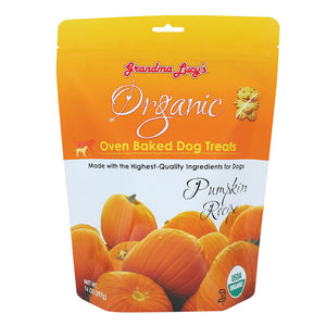 14 oz white & orange colored bag of Grandma Lucy's Organic Oven Baked Dog Treats. Pumpkin Recipe. Made with the highest-quality ingredients for dogs. Photo of a stack of pumpkins is on the bottom half of the bag. A true to size image of the actual teddy bear shaped cookie treat, is near the brand name at top of bag. It's about 2" tall.