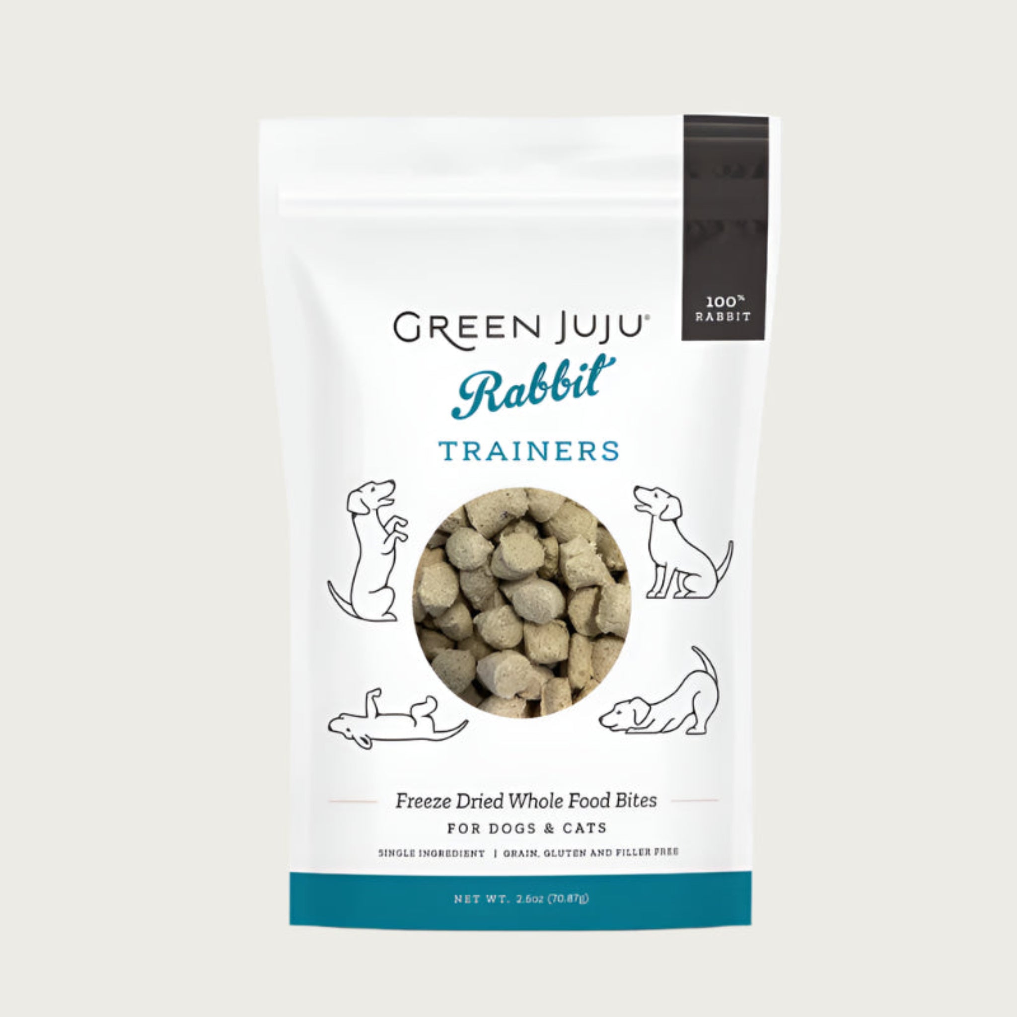 Green Juju Rabbit Trainers freeze dried whole food bites for dogs and cats in a 2.5 ounce bag. Single ingredient treat that is free of grain, gluten and fillers.