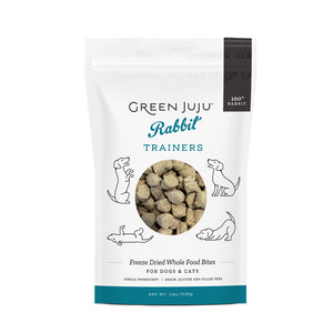 Green Juju Rabbit Trainers freeze dried whole food bites for dogs and cats in a 2.5 ounce bag. Single ingredient treat that is free of grain, gluten and fillers.