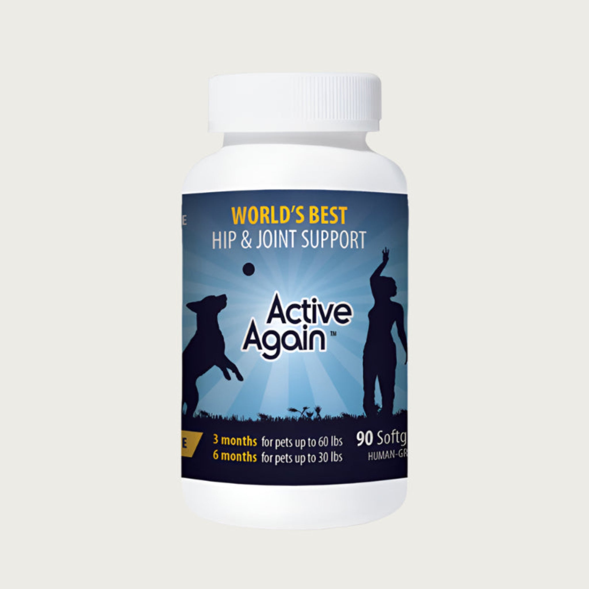 White bottle of Active Again "World's Best Hip & Joint Support" supplement for pets. (90 Softgels). Human Grade.