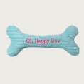 Load image into Gallery viewer, Light blue corduroy bone-shaped dog toy with 'Oh Happy Day' text in hot pink.
