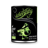 A 13 oz black can of Identity Adult Dog Food. Free-range Canadian Duck recipe, with 95% duck & duck broth. Illustration in center is a green duck.