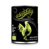 A 13 oz black can of Identity Adult Dog Food. Free-range Cobb Chicken recipe, with 95% chicken & chicken broth. Illustration in center is a green chicken.