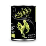 A 13 oz black can of Identity Adult Dog Food. Free-range Cobb Chicken recipe, with 95% chicken & chicken broth. Illustration in center is a green chicken.