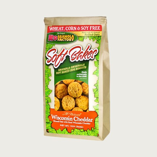 12 oz bag of K9 Granola Factory Soft Bakes, granola originals soft baked dog biscuits. Wisconsin Cheddar flavor. Wheat, corn & soy free. Made exclusively in the USA.