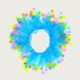 Load image into Gallery viewer, Decorative birthday themed dog collar, resembling a large hair scrunchie or clown collar. Its bright blue tulle ribbons are each topped off with a different color pom pom.
