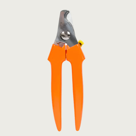 Pet nail clippers with orange handle, and sturdy blades.