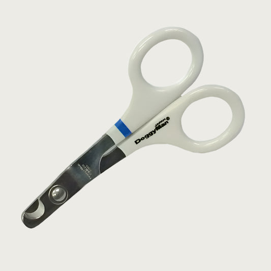 Pair of scissor-style pet nail clippers with a white rubberized handle.