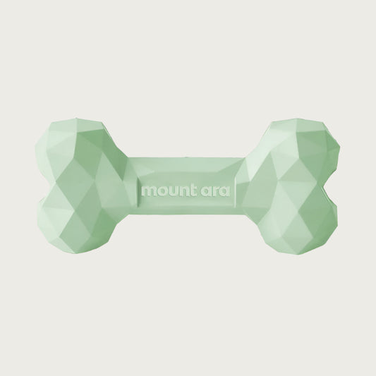 A pale green, heavy rubber dog bone toy with geometric texture.