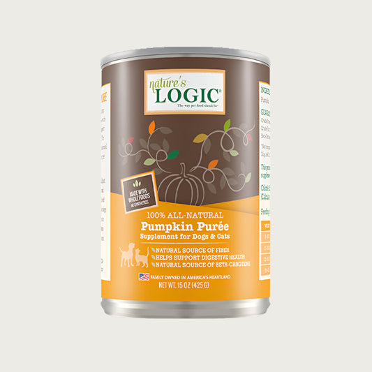 15 oz can of Nature's Logic 100% All-Natural Pumpkin Puree Supplement for Dogs & Cats. Natural source of fiber. Helps support digestive health. Natural source of beta-carotene. Family owned in America's Heartland.