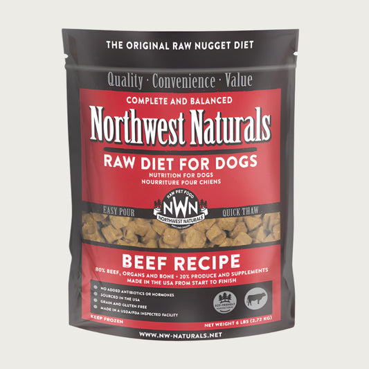 A 6 pound bag of Northwest Naturals frozen raw diet for dogs, beef recipe. Clear window on bag shows small cube-sized nuggets.