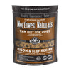 A 6 pound bag of Northwest Naturals frozen raw diet for dogs, bison and beef recipe. Clear window on bag shows small cube-sized nuggets.