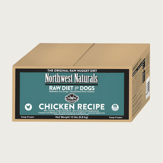 A 15 pound box of Northwest Naturals frozen raw diet for dogs, chicken recipe nuggets.