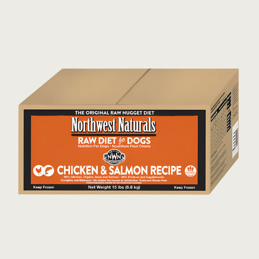A 15 pound box of Northwest Naturals frozen raw diet for dogs, chicken and salmon recipe nuggets.