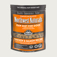 Load image into Gallery viewer, A 6 pound bag of Northwest Naturals frozen raw diet for dogs, chicken and salmon recipe. Clear window on bag shows small cube-sized nuggets.
