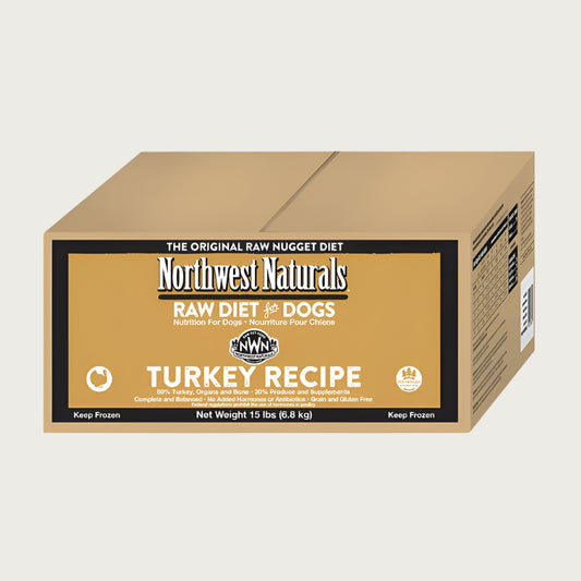A 15 pound box of Northwest Naturals frozen raw diet for dogs, turkey recipe nuggets.