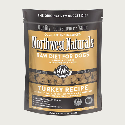 A 6 pound bag of Northwest Naturals frozen raw diet for dogs, turkey recipe. Clear window on bag shows small cube-sized nuggets.
