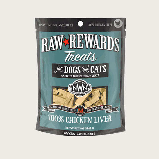 A 3 ounce bag of Northwest Naturals freeze-dried raw chicken liver treats for dogs and cats. Clear window on bag shows small rectangular shaped pieces.