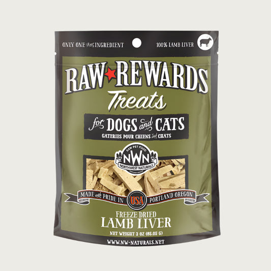 A 3 ounce bag of Northwest Naturals freeze-dried raw lamb liver treats for dogs and cats. Clear window on bag shows small rectangular shaped pieces.