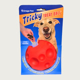 Bright orange ball with round indentations of multiple sizes around the exterior. There is one entry point to insert treats, and it has a deep lip to prevent treats from falling out too fast.