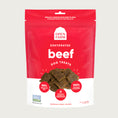 Load image into Gallery viewer, A 4.5 oz red & white bag of Open Farm Dehydrated Beef Dog Treats. Small photo in center shows a close-up of a few of the jerky-style treats.
