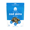 A 2.25 oz blue & white bag of Open Farm Dehydrated Cod Skins Dog Treats. Small photo in center shows a close-up of a few of the treats.