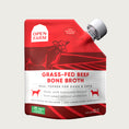 Load image into Gallery viewer, A 12 oz red & white pouch with spout, of Open Farm Grass-Fed Beef Bone Broth Meal Topper for Dogs & Cats. 
