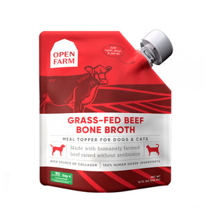 A 12 oz red & white pouch with spout, of Open Farm Grass-Fed Beef Bone Broth Meal Topper for Dogs & Cats. 