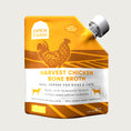 Load image into Gallery viewer, A 12 oz yellow & white pouch with spout, of Open Farm Harvest Chicken Bone Broth Meal Topper for Dogs & Cats. 
