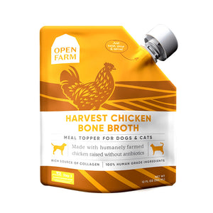 A 12 oz yellow & white pouch with spout, of Open Farm Harvest Chicken Bone Broth Meal Topper for Dogs & Cats. 