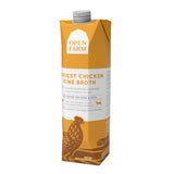 A 32 oz yellow & white carton with spout, of Open Farm Harvest Chicken Bone Broth Meal Topper for Dogs & Cats. 