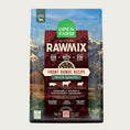 Load image into Gallery viewer, A bag of Open Farm RawMix Grain Free Front Range Recipe dog food. Humanely raised and sustainably sourced. A mountain ranch scene is in the background of the bag, with a vertical red bar behind the white text to highlight it.
