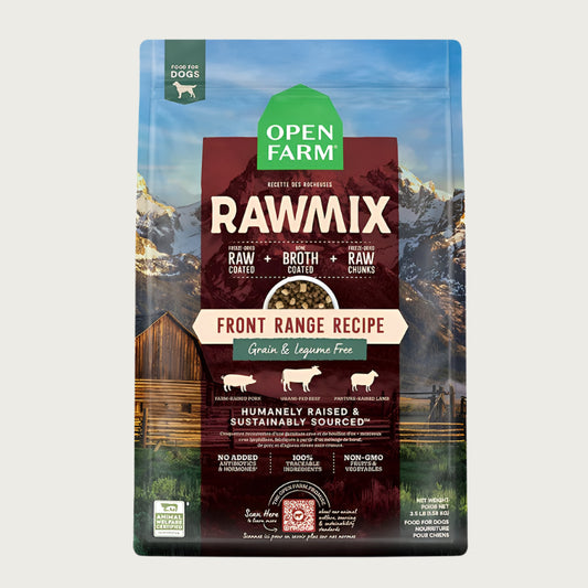 A bag of Open Farm RawMix Grain Free Front Range Recipe dog food. Humanely raised and sustainably sourced. A mountain ranch scene is in the background of the bag, with a vertical red bar behind the white text to highlight it.