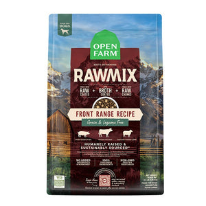 A bag of Open Farm RawMix Grain Free Front Range Recipe dog food. Humanely raised and sustainably sourced. A mountain ranch scene is in the background of the bag, with a vertical red bar behind the white text to highlight it.